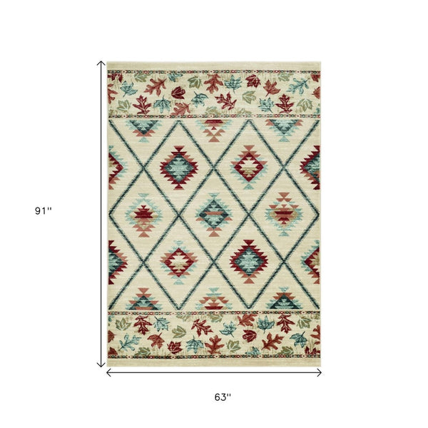 HomeRoots 5' Southwestern Area Rug in Earthy Ivory, Blue & Red - Durable, Stain-Resistant Design for Homes 5' X 8' 374406