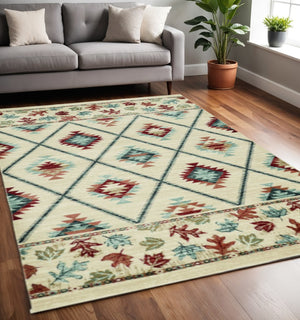 HomeRoots 5' Southwestern Area Rug in Earthy Ivory, Blue & Red - Durable, Stain-Resistant Design for Homes 5' X 8' 374406