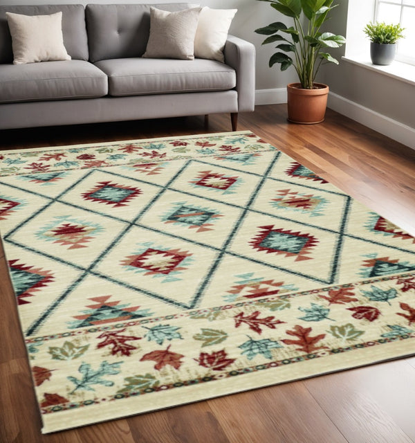 HomeRoots 5' Southwestern Area Rug in Earthy Ivory, Blue & Red - Durable, Stain-Resistant Design for Homes 5' X 8' 374406