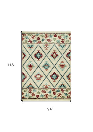 HomeRoots 8' Geometric Ivory Blue and Red Rug - Durable, Stain-Resistant Design for Stylish High-Traffic Areas 8' x 10' 374407