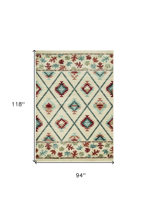 HomeRoots 8' Geometric Ivory Blue and Red Rug - Durable, Stain-Resistant Design for Stylish High-Traffic Areas 8' x 10' 374407
