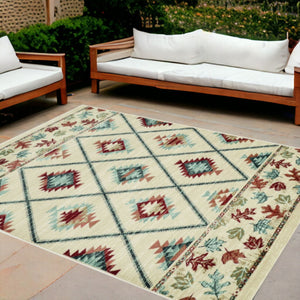 HomeRoots 8' Geometric Ivory Blue and Red Rug - Durable, Stain-Resistant Design for Stylish High-Traffic Areas 8' x 10' 374407