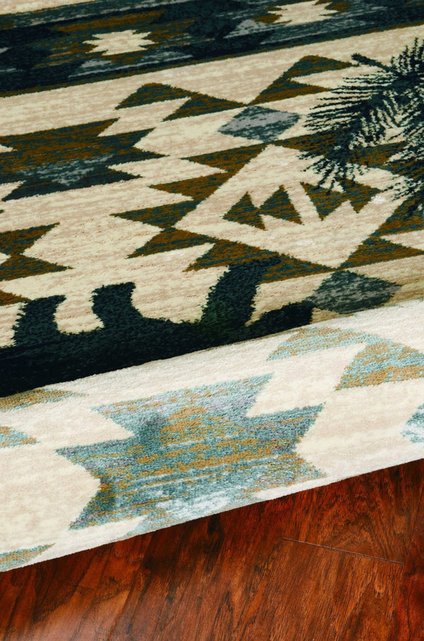 HomeRoots 8' Southwestern Round Rug in Ivory and Blue – Durable, Stain-Resistant, Ideal for High-Traffic Areas 5' X 8' 374410