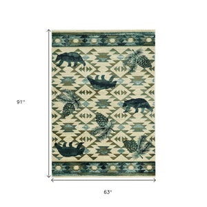 HomeRoots 8' Southwestern Round Rug in Ivory and Blue – Durable, Stain-Resistant, Ideal for High-Traffic Areas 5' X 8' 374410