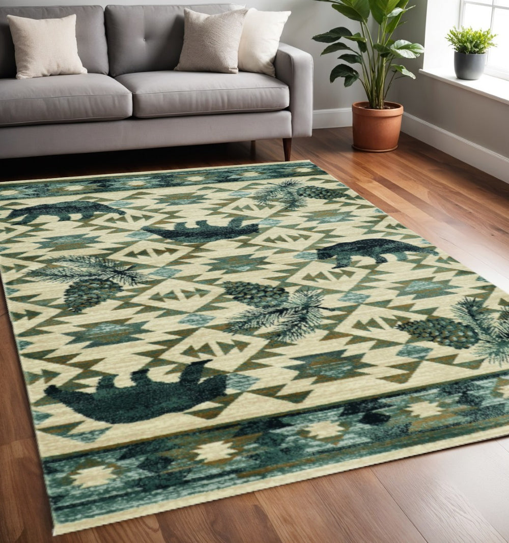 HomeRoots 8' Southwestern Round Rug in Ivory and Blue – Durable, Stain-Resistant, Ideal for High-Traffic Areas 5' X 8' 374410