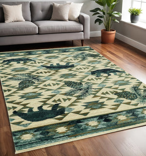 HomeRoots 8' Southwestern Round Rug in Ivory and Blue – Durable, Stain-Resistant, Ideal for High-Traffic Areas 5' X 8' 374410