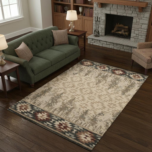 HomeRoots 8' Southwestern Area Rug in Earthy Ivory, Green, and Red - Durable, Easy-Care, Timeless Design 5' X 8' 374414