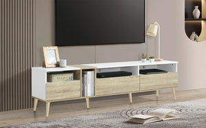 English Elm Modern TV Stand with 3 Drawers & 4 Open Shelves, 80" Media Console White+Wood, Cable Management, P2 Board N710P234108K