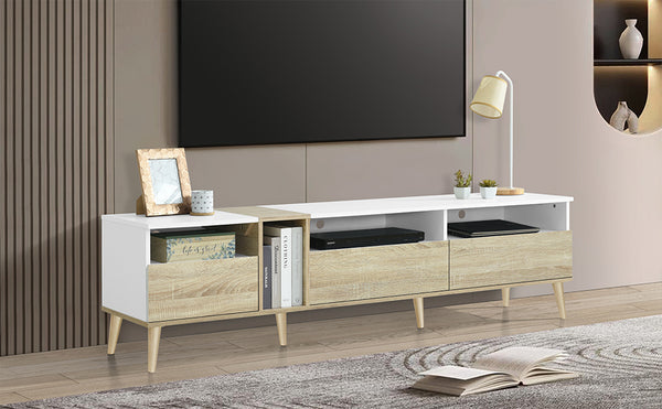 English Elm Modern TV Stand with 3 Drawers & 4 Open Shelves, 80" Media Console White+Wood, Cable Management, P2 Board N710P234108K