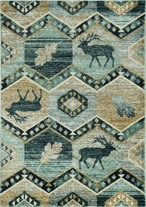 HomeRoots 8' Charming Blue and Green Woodland Lodge Round Rug for Cozy Rustic Living Spaces and Decor 5' X 8' 374422