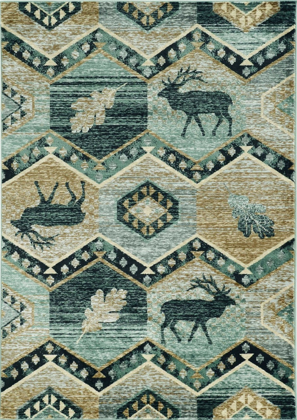 HomeRoots 8' Charming Blue and Green Woodland Lodge Round Rug for Cozy Rustic Living Spaces and Decor 5' X 8' 374422