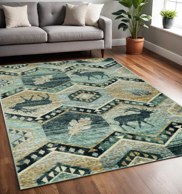HomeRoots 8' Charming Blue and Green Woodland Lodge Round Rug for Cozy Rustic Living Spaces and Decor 5' X 8' 374422
