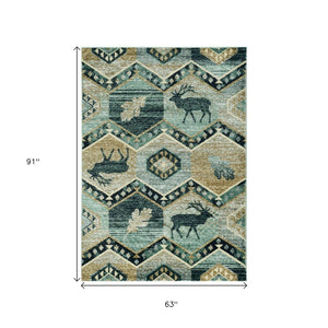HomeRoots 8' Charming Blue and Green Woodland Lodge Round Rug for Cozy Rustic Living Spaces and Decor 5' X 8' 374422