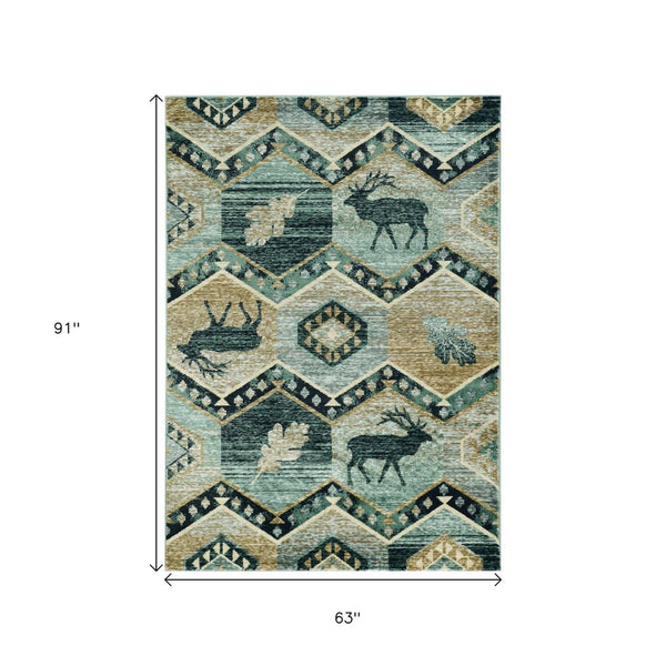 HomeRoots 8' Charming Blue and Green Woodland Lodge Round Rug for Cozy Rustic Living Spaces and Decor 5' X 8' 374422