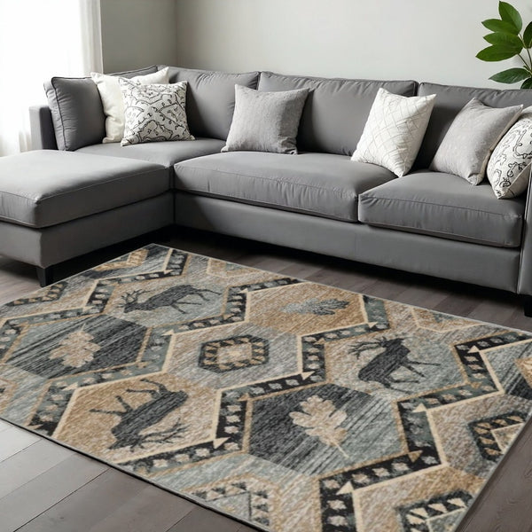 HomeRoots 9' Charcoal Gray and Tan Woodland Lodge Area Rug - Rustic Style, Durable, Easy-Clean for Cozy Spaces 9' X 12' 374424