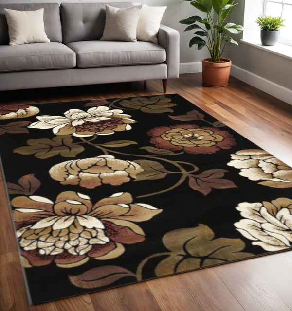 HomeRoots 5' Elegant Black Tan Ivory Floral Area Rug - Timeless Style, Durable, Stain-Resistant, Easy Care 5' X 8' 374498