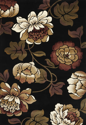 HomeRoots 5' Elegant Black Tan Ivory Floral Area Rug - Timeless Style, Durable, Stain-Resistant, Easy Care 5' X 8' 374498