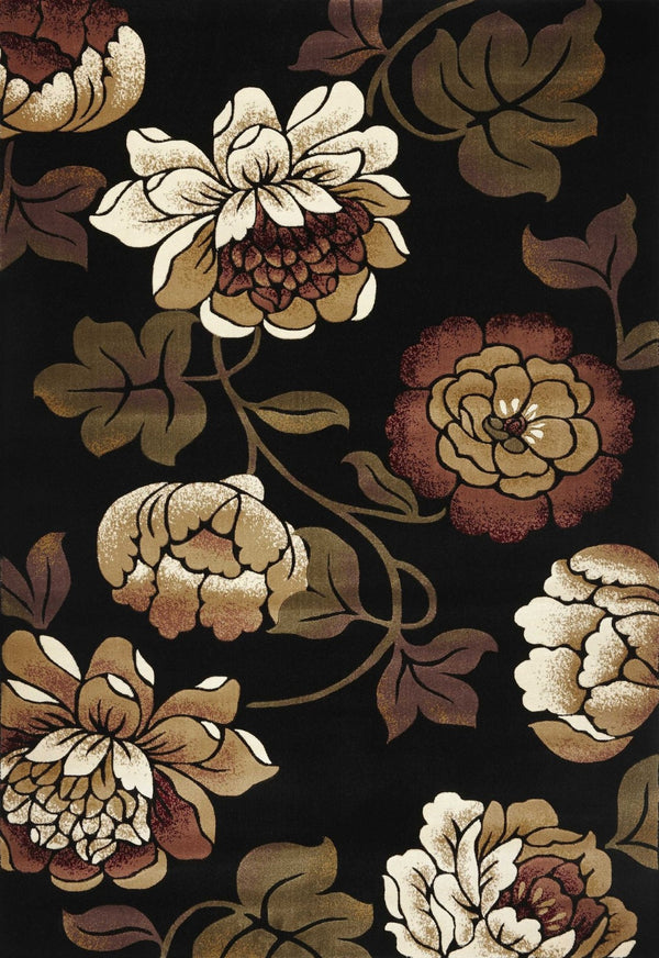 HomeRoots 5' Elegant Black Tan Ivory Floral Area Rug - Timeless Style, Durable, Stain-Resistant, Easy Care 5' X 8' 374498