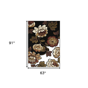 HomeRoots 5' Elegant Black Tan Ivory Floral Area Rug - Timeless Style, Durable, Stain-Resistant, Easy Care 5' X 8' 374498