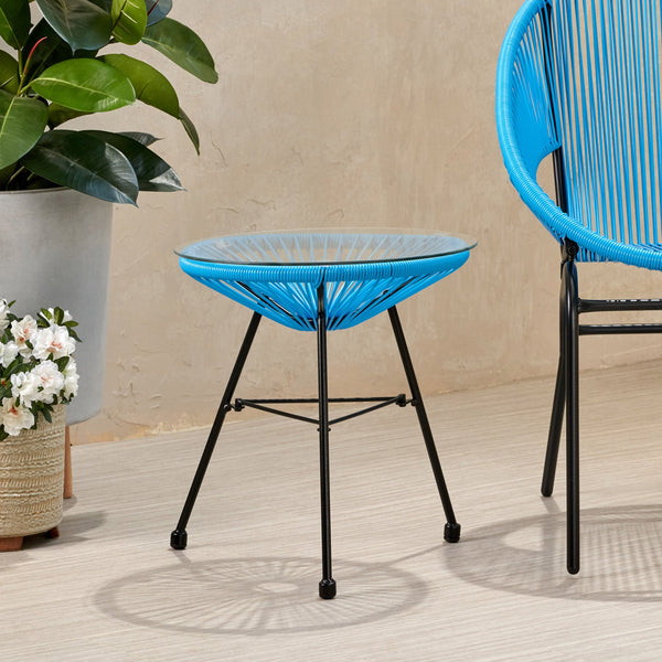 English Elm Christopher Knight Home® - NUSA Blue Side Table with Tempered Glass Top, Handcrafted Polyethylene Rattan, Modern Outdoor Accent (18") 66627.00BLU