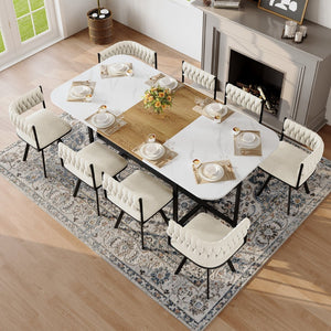 English Elm 9-piece Square Dining Set Velvet Upholstered Chairs Two-tone Tabletop Seats 8 Beige,White,Wood W3875S00149