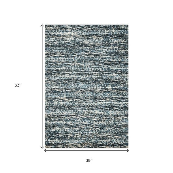 HomeRoots 3' Handwoven Wool Area Rug in Ivory, Blue, and Gray - Perfect for Entryways, Hallways, and More! 3' X 5' 374500