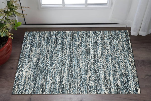 HomeRoots 3' Handwoven Wool Area Rug in Ivory, Blue, and Gray - Perfect for Entryways, Hallways, and More! 3' X 5' 374500
