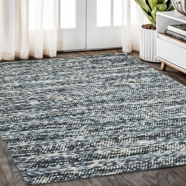 HomeRoots 3' Handwoven Wool Area Rug in Ivory, Blue, and Gray - Perfect for Entryways, Hallways, and More! 5' X 7' 374501