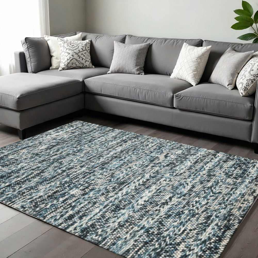 HomeRoots 9' Hand-Woven Wool Area Rug in Ivory, Blue & Gray Stripes - Stylish, Durable, and Unique Design 9' X 13' 374502