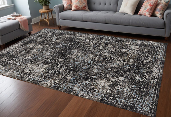Homeroots 10' X 13' Black Damask Area Rug  Polypropylene 374529