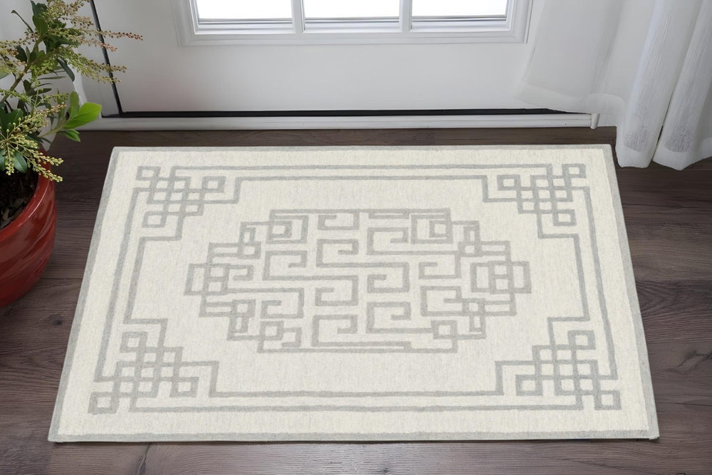 HomeRoots 3' Gray and Ivory Wool Hand-Tufted Area Rug – Artisanal Geometric Design for Modern Spaces 3' X 5' 374673
