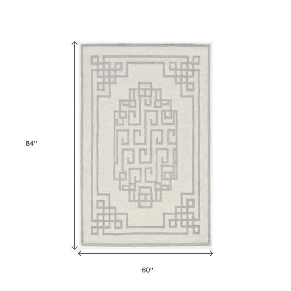 HomeRoots 3' Gray and Ivory Wool Hand-Tufted Area Rug – Artisanal Geometric Design for Modern Spaces 5' X 7' 374674
