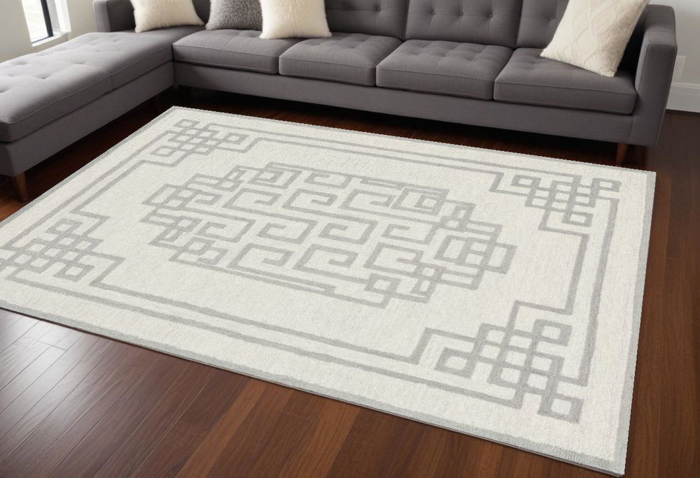 HomeRoots 9' Luxurious Ivory and Gray Wool Geometric Hand-Tufted Area Rug for Modern Living Spaces 9' X 12' 374676