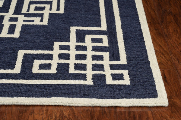 Homeroots 3' X 5' Navy Blue Ivory Hand Tufted Greek Key Medallion Indoor Area Rug  Wool 374678