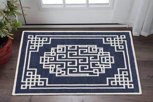 HomeRoots 3' Navy Blue and Ivory Wool Geometric Area Rug - Hand-Tufted Comfort for Modern Living Spaces 3' X 5' 374678