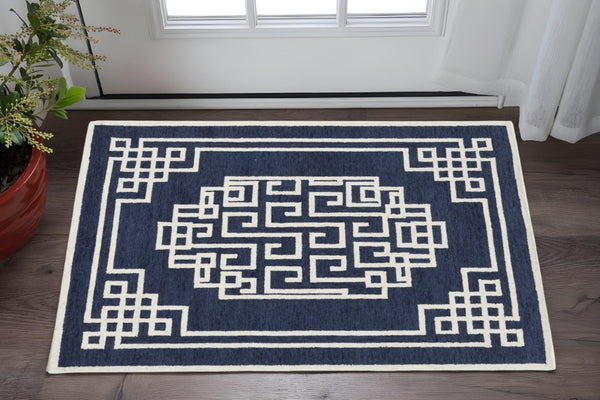 HomeRoots 3' Navy Blue and Ivory Wool Geometric Area Rug - Hand-Tufted Comfort for Modern Living Spaces 3' X 5' 374678