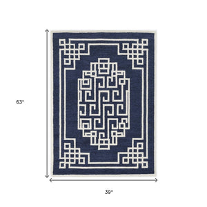 HomeRoots 3' Navy Blue and Ivory Wool Geometric Area Rug - Hand-Tufted Comfort for Modern Living Spaces 3' X 5' 374678