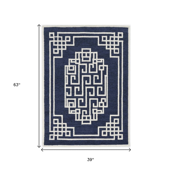 HomeRoots 3' Navy Blue and Ivory Wool Geometric Area Rug - Hand-Tufted Comfort for Modern Living Spaces 3' X 5' 374678