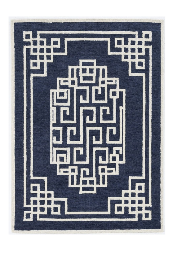 Homeroots 5' X 7' Navy Blue Ivory Hand Tufted Bordered Greek Key Indoor Area Rug  Wool 374679