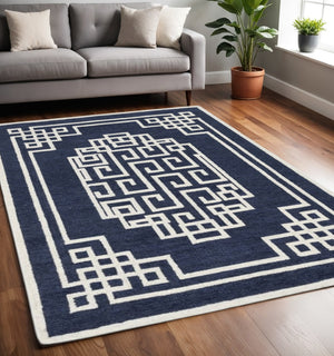 HomeRoots 3' Navy Blue and Ivory Wool Geometric Area Rug - Hand-Tufted Comfort for Modern Living Spaces 5' X 7' 374679