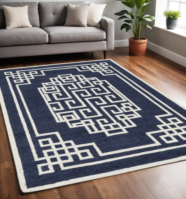 HomeRoots 3' Navy Blue and Ivory Wool Geometric Area Rug - Hand-Tufted Comfort for Modern Living Spaces 5' X 7' 374679