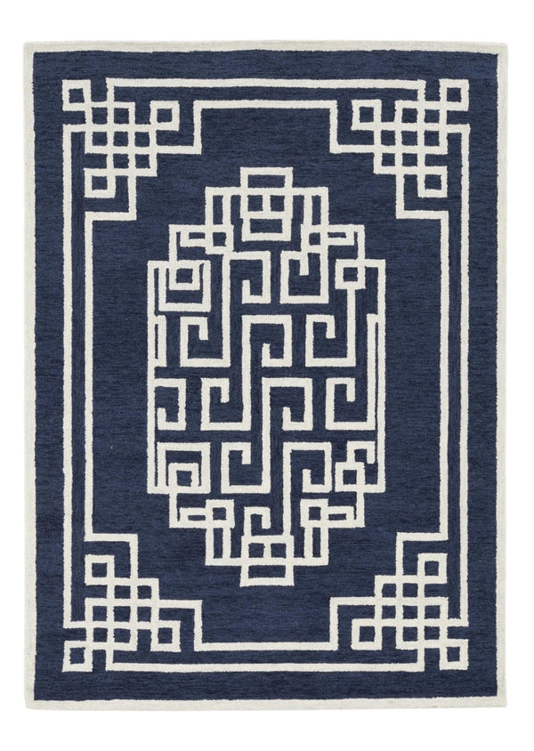HomeRoots 3' Navy Blue and Ivory Wool Geometric Area Rug - Hand-Tufted Comfort for Modern Living Spaces 5' X 7' 374679