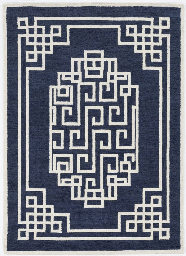 Homeroots 5' X 7' Navy Blue Ivory Hand Tufted Bordered Greek Key Indoor Area Rug  Wool 374679