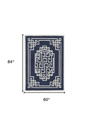 Homeroots 5' X 7' Navy Blue Ivory Hand Tufted Bordered Greek Key Indoor Area Rug  Wool 374679