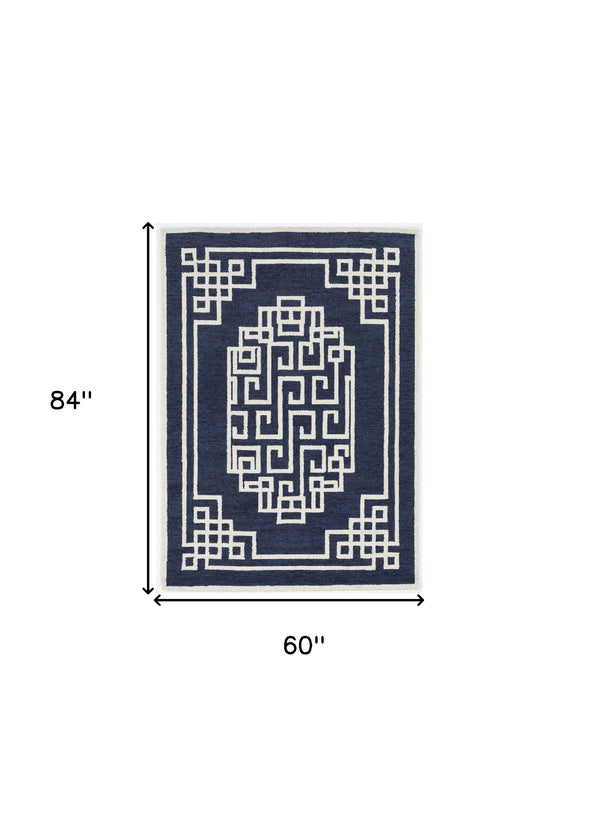 Homeroots 5' X 7' Navy Blue Ivory Hand Tufted Bordered Greek Key Indoor Area Rug  Wool 374679