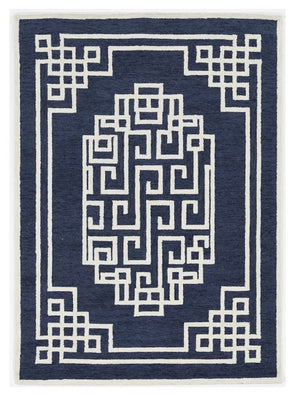 Homeroots 8' X 10' Navy Blue Ivory Hand Tufted Greek Key Medallion Indoor Area Rug  Wool 374680