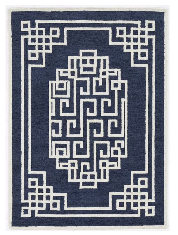 Homeroots 8' X 10' Navy Blue Ivory Hand Tufted Greek Key Medallion Indoor Area Rug  Wool 374680