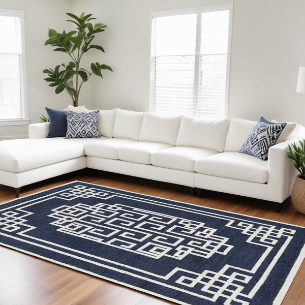 Homeroots 8' X 10' Navy Blue Ivory Hand Tufted Greek Key Medallion Indoor Area Rug  Wool 374680