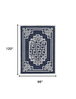 Homeroots 8' X 10' Navy Blue Ivory Hand Tufted Greek Key Medallion Indoor Area Rug  Wool 374680