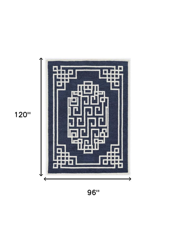 Homeroots 8' X 10' Navy Blue Ivory Hand Tufted Greek Key Medallion Indoor Area Rug  Wool 374680